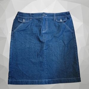 Khakis & Co Denim Skirt Sz 12 Blue Metal buttons Dark wash